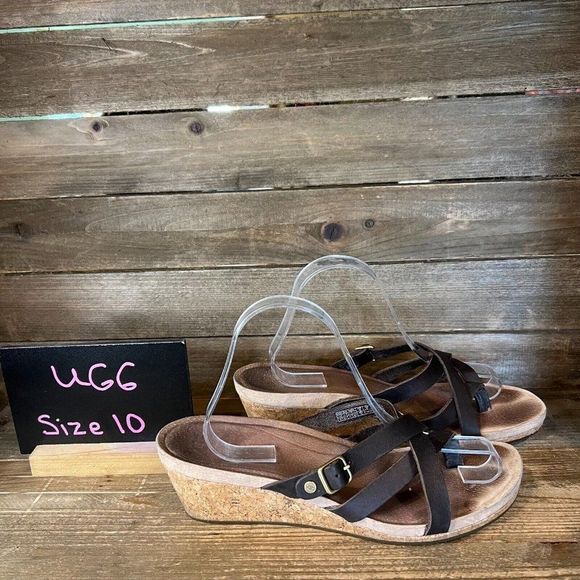 Womens UGG Adalie Wedge Heeled Strappy Brown‎ Leather Slides Sandals Size 10 M - Picture 1 of 6